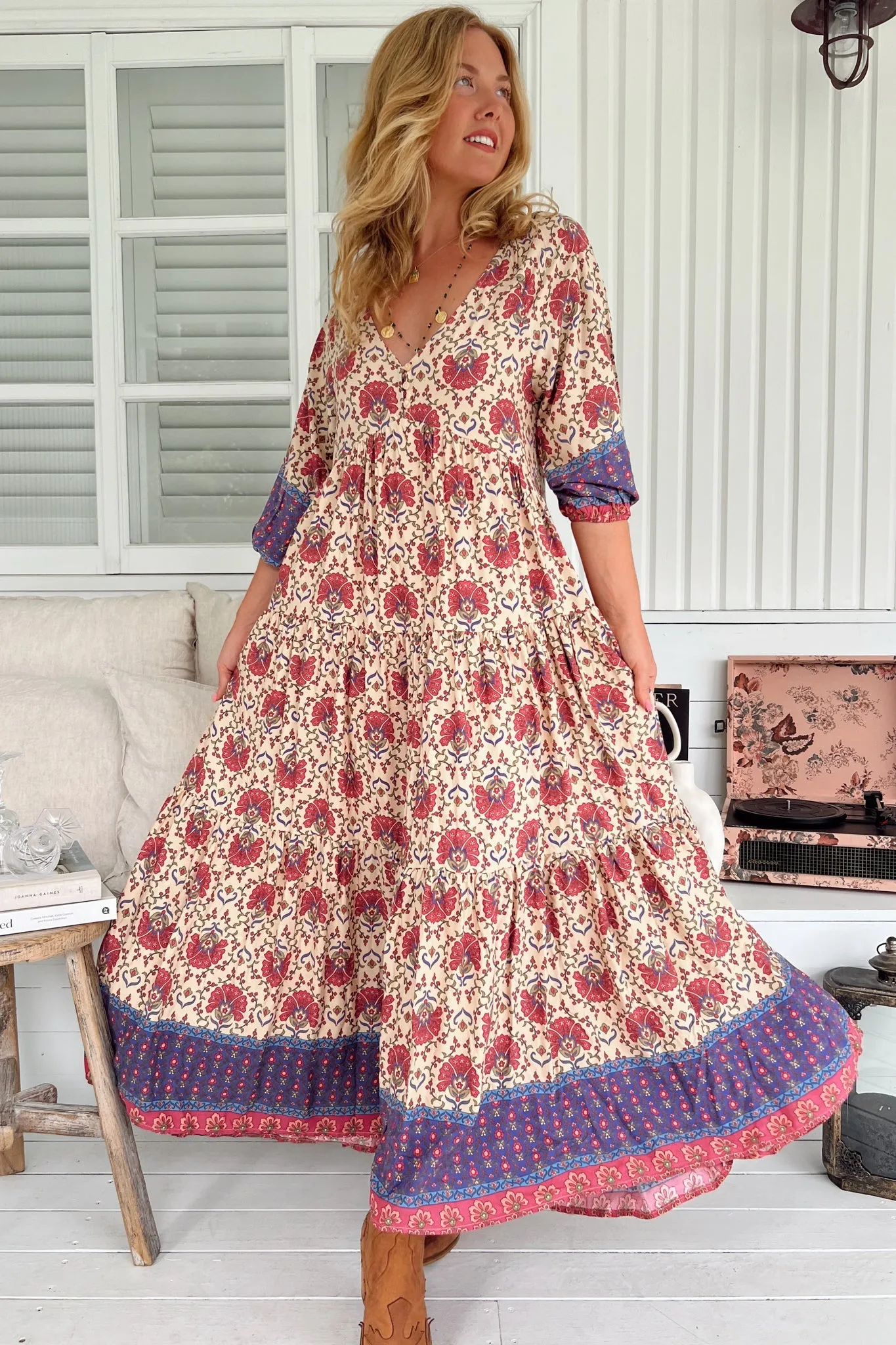 Mia Maxi Dress - V Neckline Bias Cut Tiered Dress in Bohemia Print sold by Salty Crush product image thumbnail 4