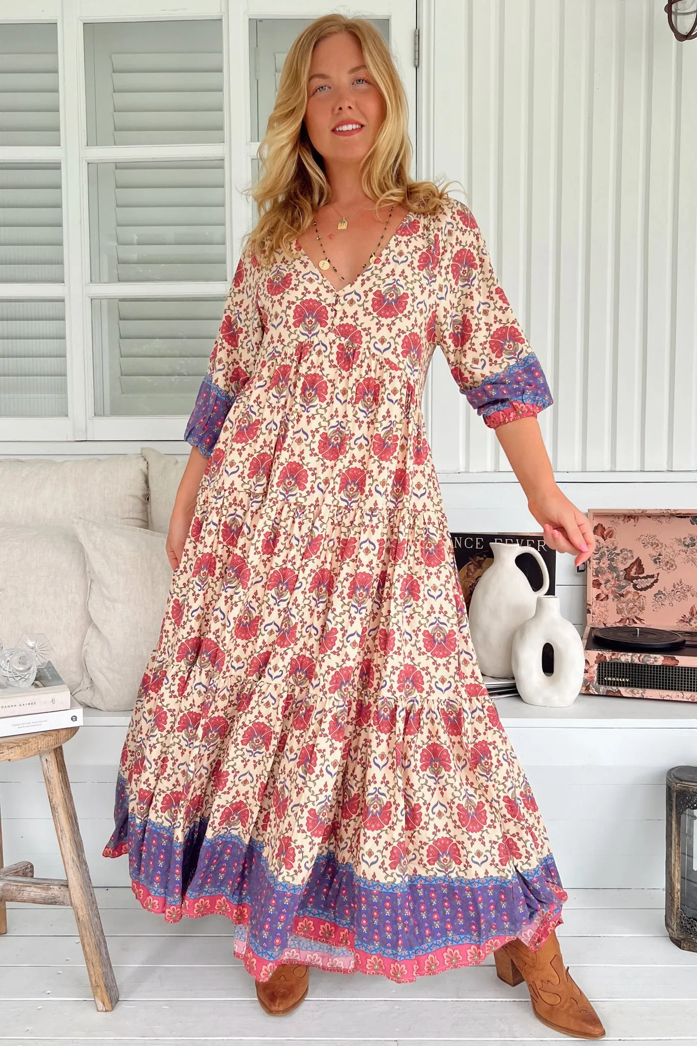 Mia Maxi Dress - V Neckline Bias Cut Tiered Dress in Bohemia Print sold by Salty Crush product image thumbnail 3
