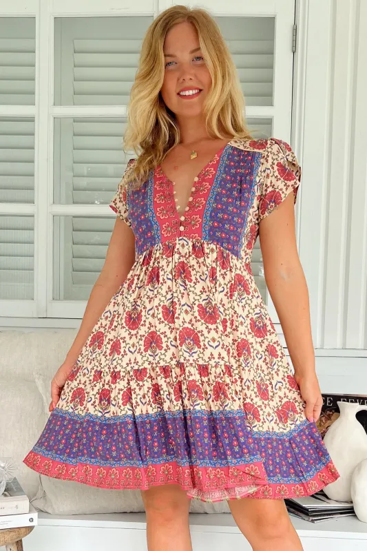 Tracey Mini Dress - Cap Sleeve Dress with Waist Tie in Bohemia Print sold by Salty Crush