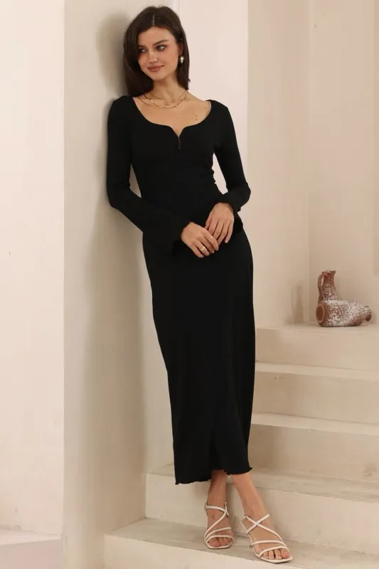 Shannon Maxi Dress - Defined Bustline Long Sleeve Knit Dress with Scallop Hemlines in Black sold by Salty Crush