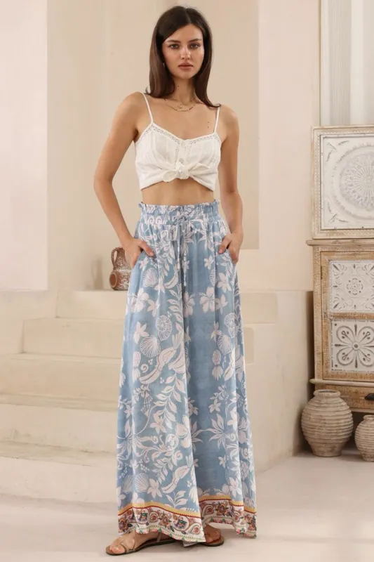 Charli Pants -  Paper Bag High Waisted Wide Leg Pants in Zena Print sold by Salty Crush