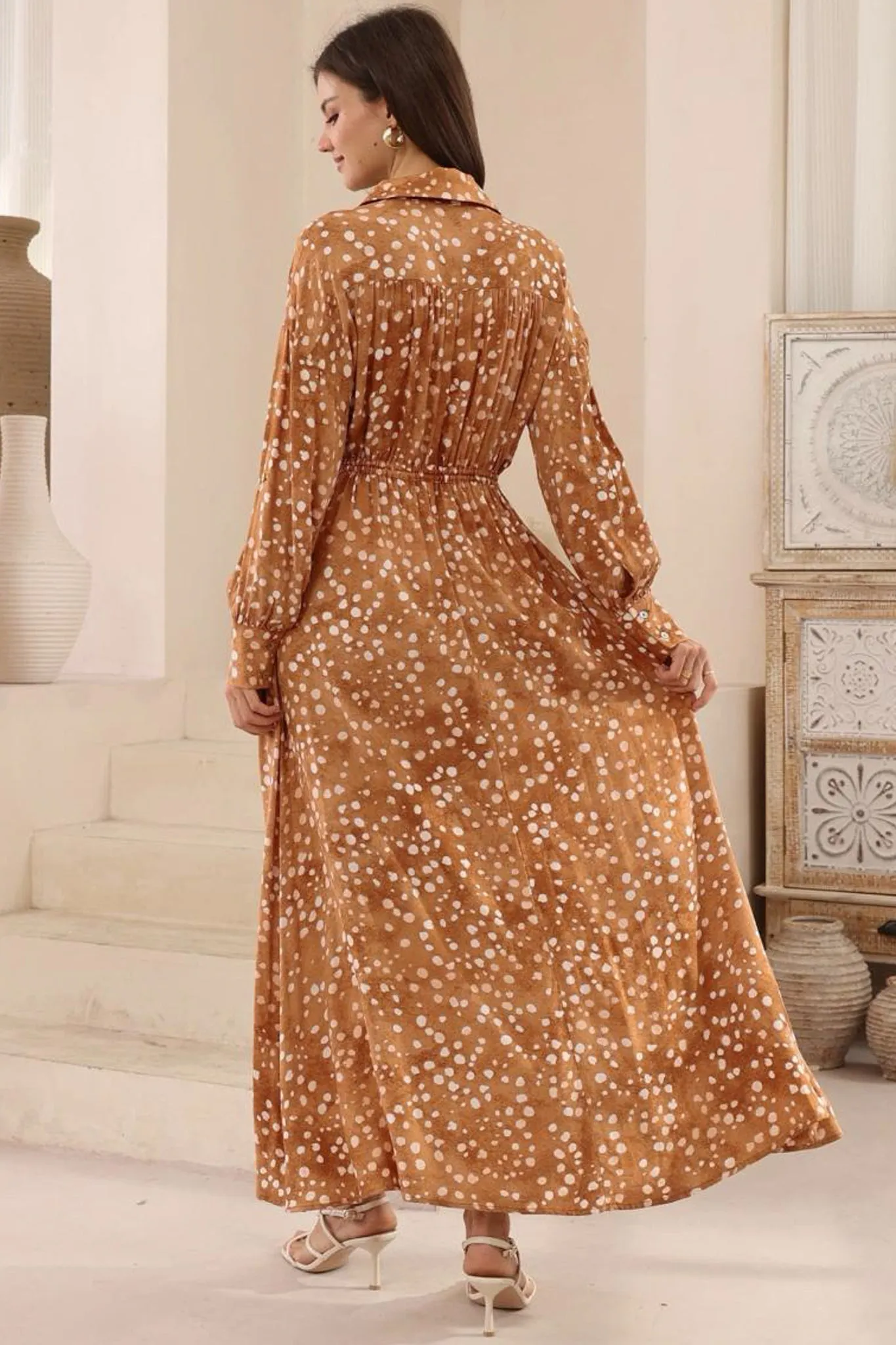 Maddox Maxi Dress - Collared Button Down Dress with Long Bell Sleeves and Ruffle Hem in Lilwen Print sold by Salty Crush product image thumbnail 4