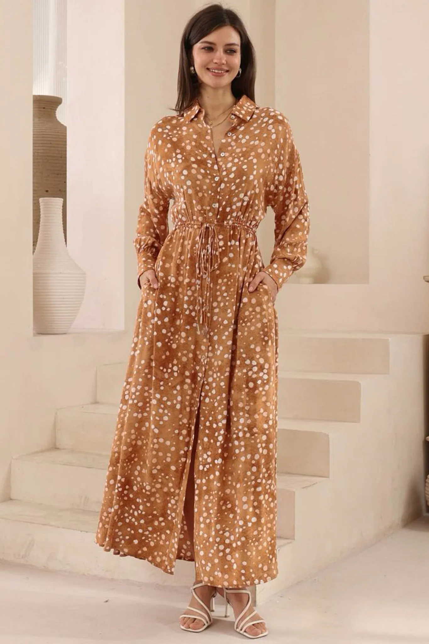 Maddox Maxi Dress - Collared Button Down Dress with Long Bell Sleeves and Ruffle Hem in Lilwen Print sold by Salty Crush product image thumbnail 2