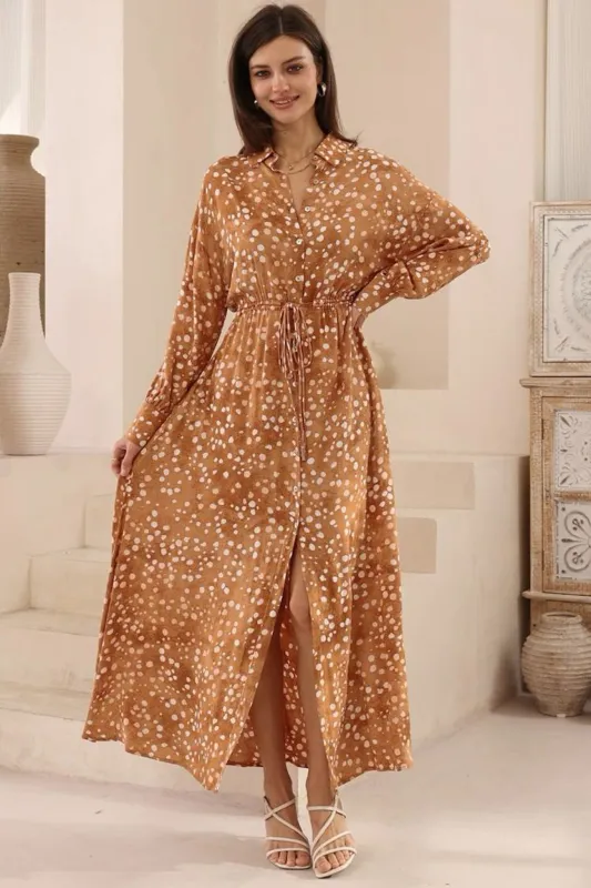 Maddox Maxi Dress - Collared Button Down Dress with Long Bell Sleeves and Ruffle Hem in Lilwen Print sold by Salty Crush