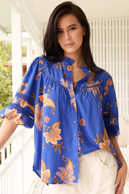 Eliza Blouse - Frill Collar Button Down Lace Detailed Blouse in Maribella Print sold by Salty Crush