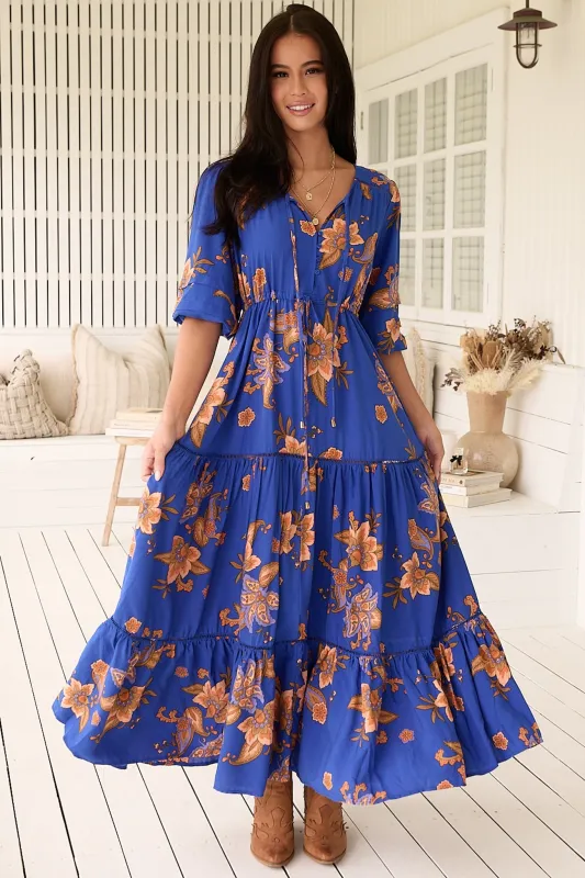 Mariana Maxi Dress - V Neck Pull Tie Waist Tiered Dress in Maribella Print sold by Salty Crush