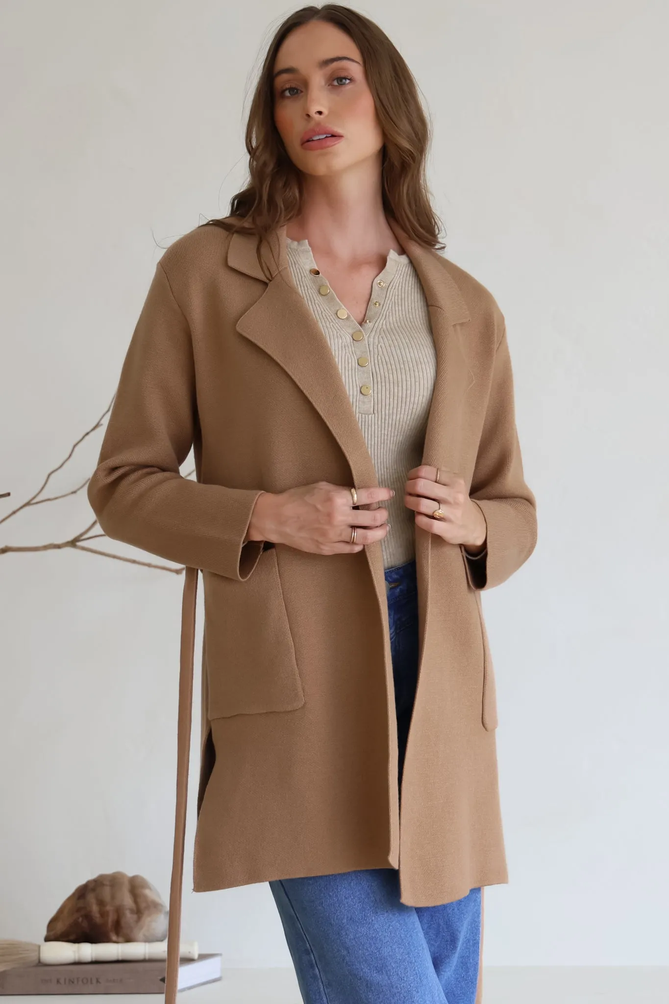 Onyx Cardigan - Lapel Collar Open Front Coatigan with Waist Tie in Taupe sold by Salty Crush product image thumbnail 5