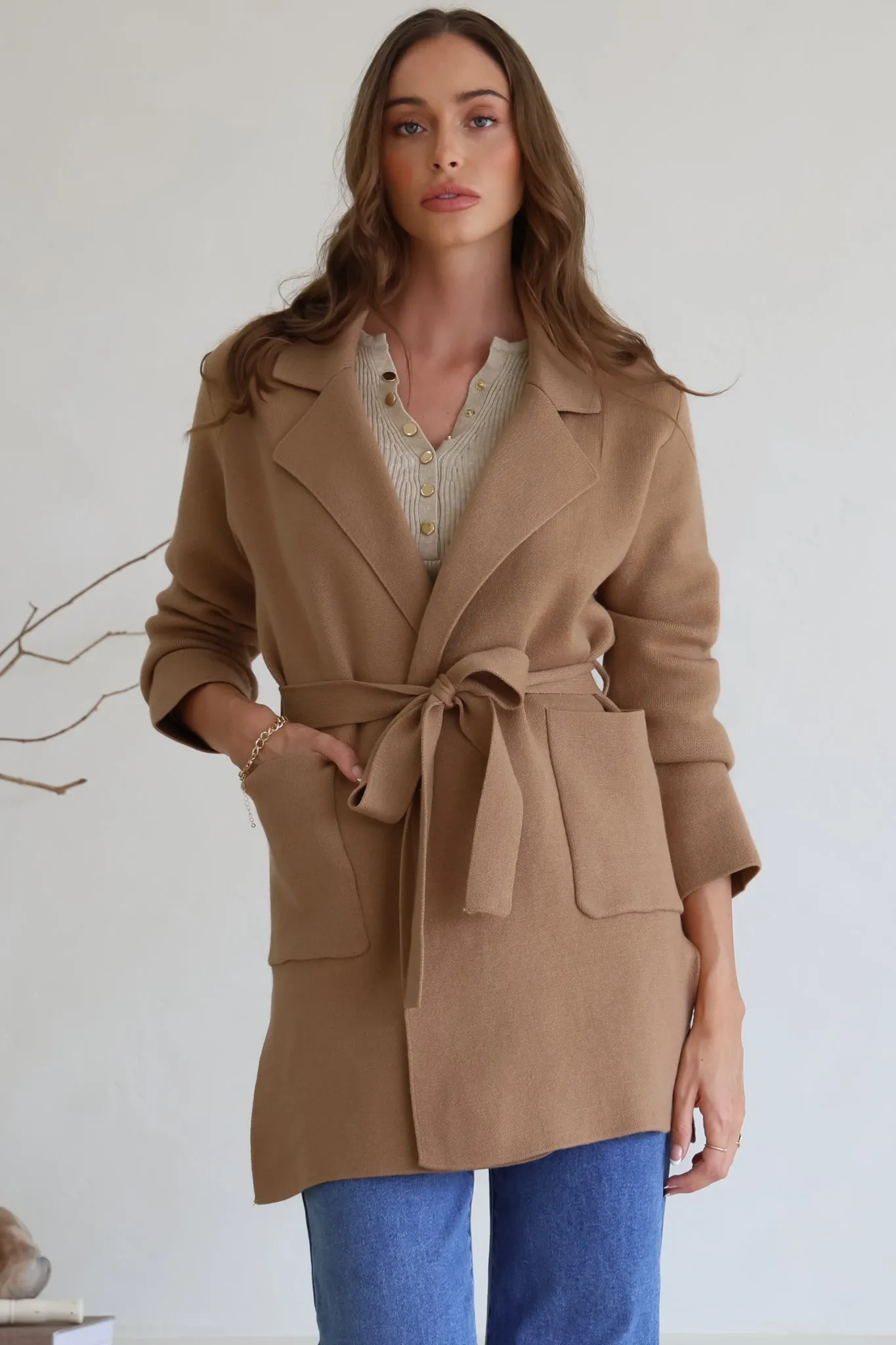 Onyx Cardigan - Lapel Collar Open Front Coatigan with Waist Tie in Taupe sold by Salty Crush product image thumbnail 2