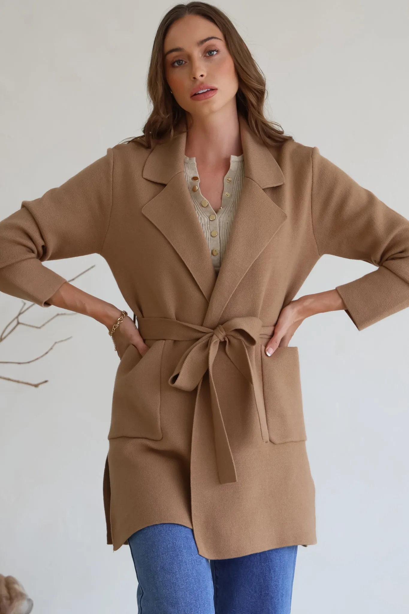 Onyx Cardigan - Lapel Collar Open Front Coatigan with Waist Tie in Taupe sold by Salty Crush product image thumbnail 4