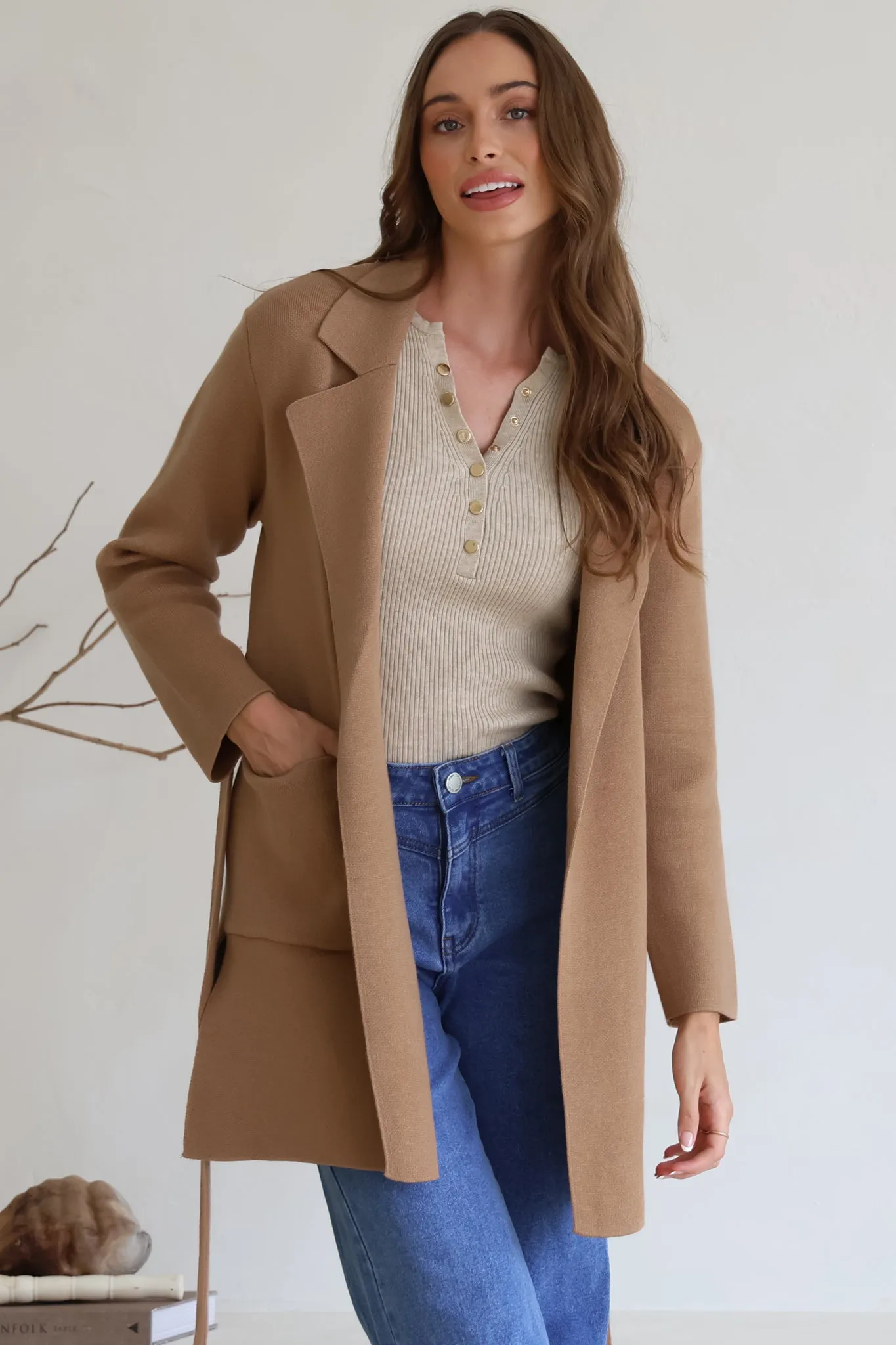 Onyx Cardigan - Lapel Collar Open Front Coatigan with Waist Tie in Taupe sold by Salty Crush product image thumbnail 3