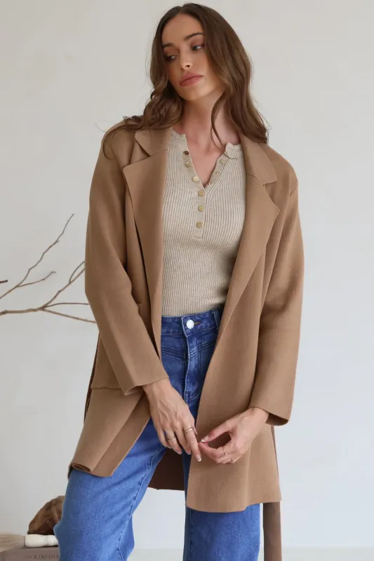 Onyx Cardigan - Lapel Collar Open Front Coatigan with Waist Tie in Taupe sold by Salty Crush