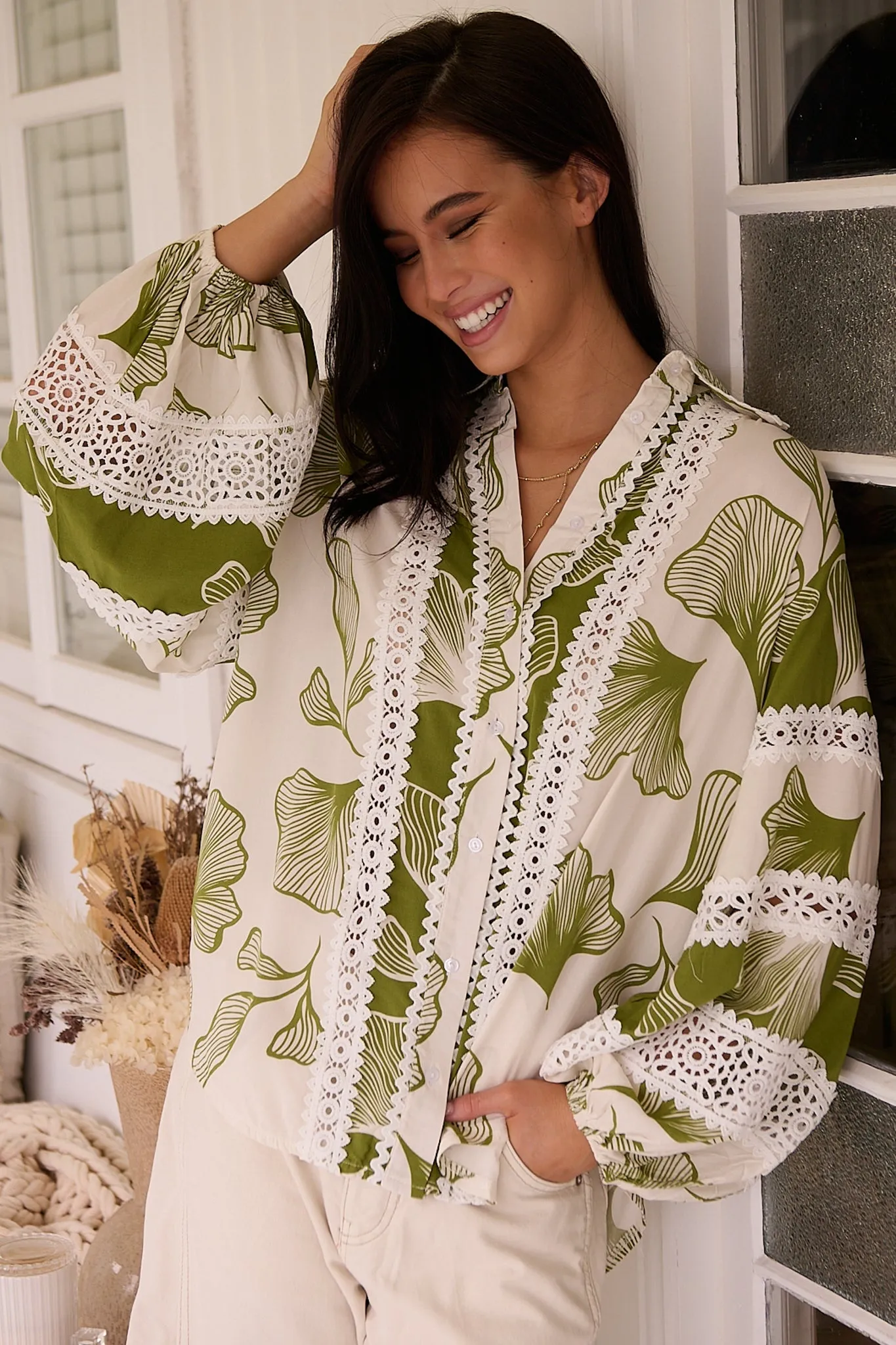 Viola Blouse - Collared Lace Spliced Button Down Blouse in Emery Print sold by Salty Crush product image thumbnail 5