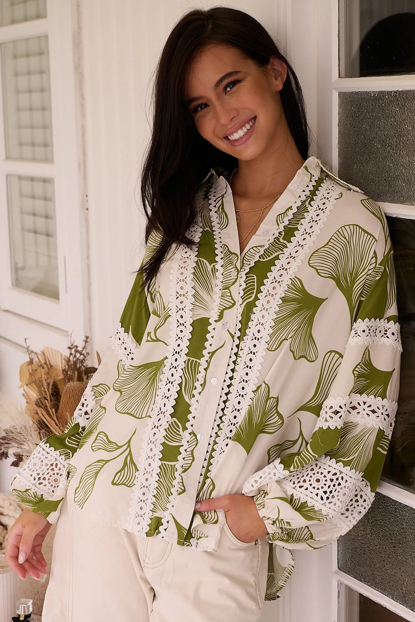 Viola Blouse - Collared Lace Spliced Button Down Blouse in Emery Print sold by Salty Crush