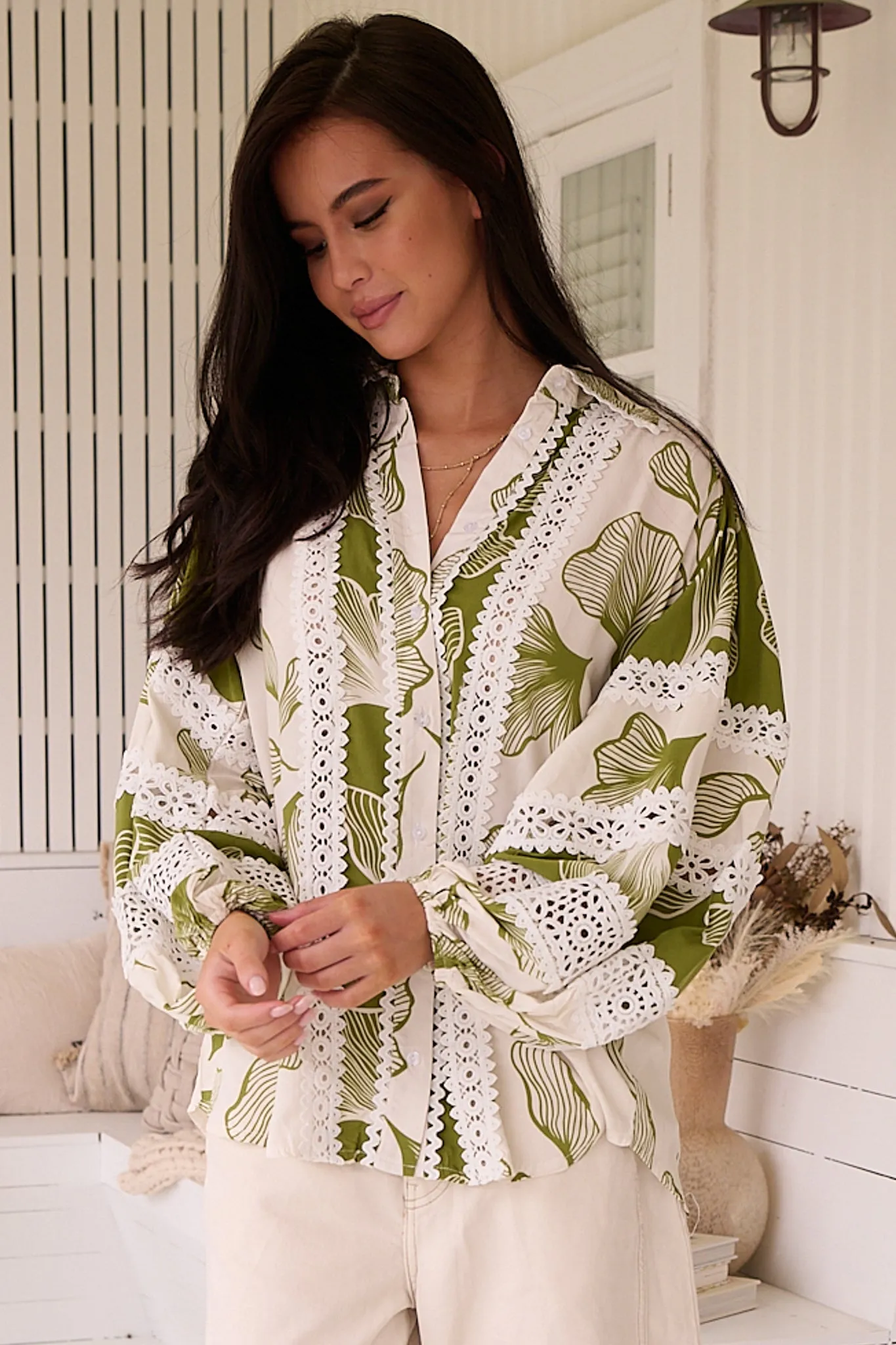 Viola Blouse - Collared Lace Spliced Button Down Blouse in Emery Print sold by Salty Crush product image thumbnail 4