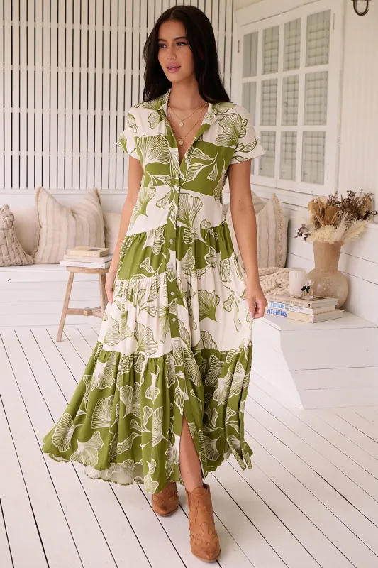 Angele Maxi Dress - Cap Sleeve Tiered Maxi in Emery Print sold by Salty Crush