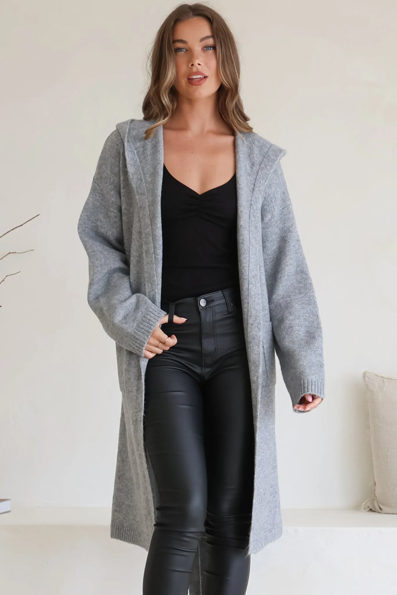 Windsor Cardigan - Hooded Open Front Coatigan with Waist Tie in Grey sold by Salty Crush