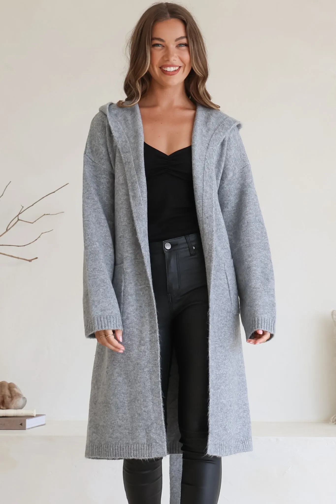 Windsor Cardigan - Hooded Open Front Coatigan with Waist Tie in Grey sold by Salty Crush product image thumbnail 4