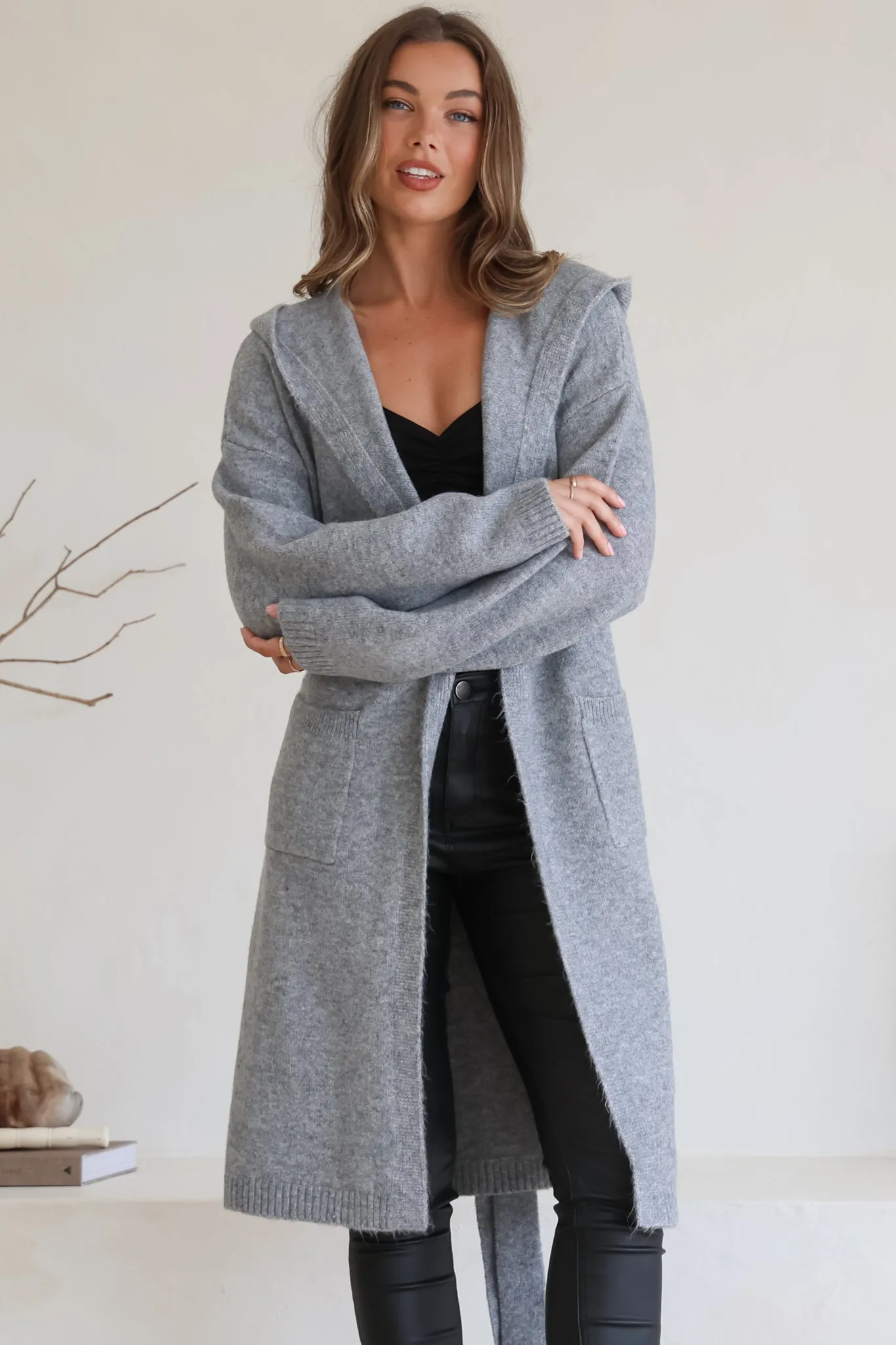 Windsor Cardigan - Hooded Open Front Coatigan with Waist Tie in Grey sold by Salty Crush product image thumbnail 5