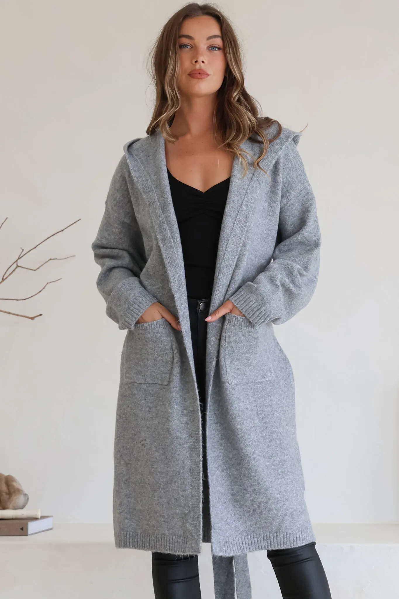 Windsor Cardigan - Hooded Open Front Coatigan with Waist Tie in Grey sold by Salty Crush product image thumbnail 3