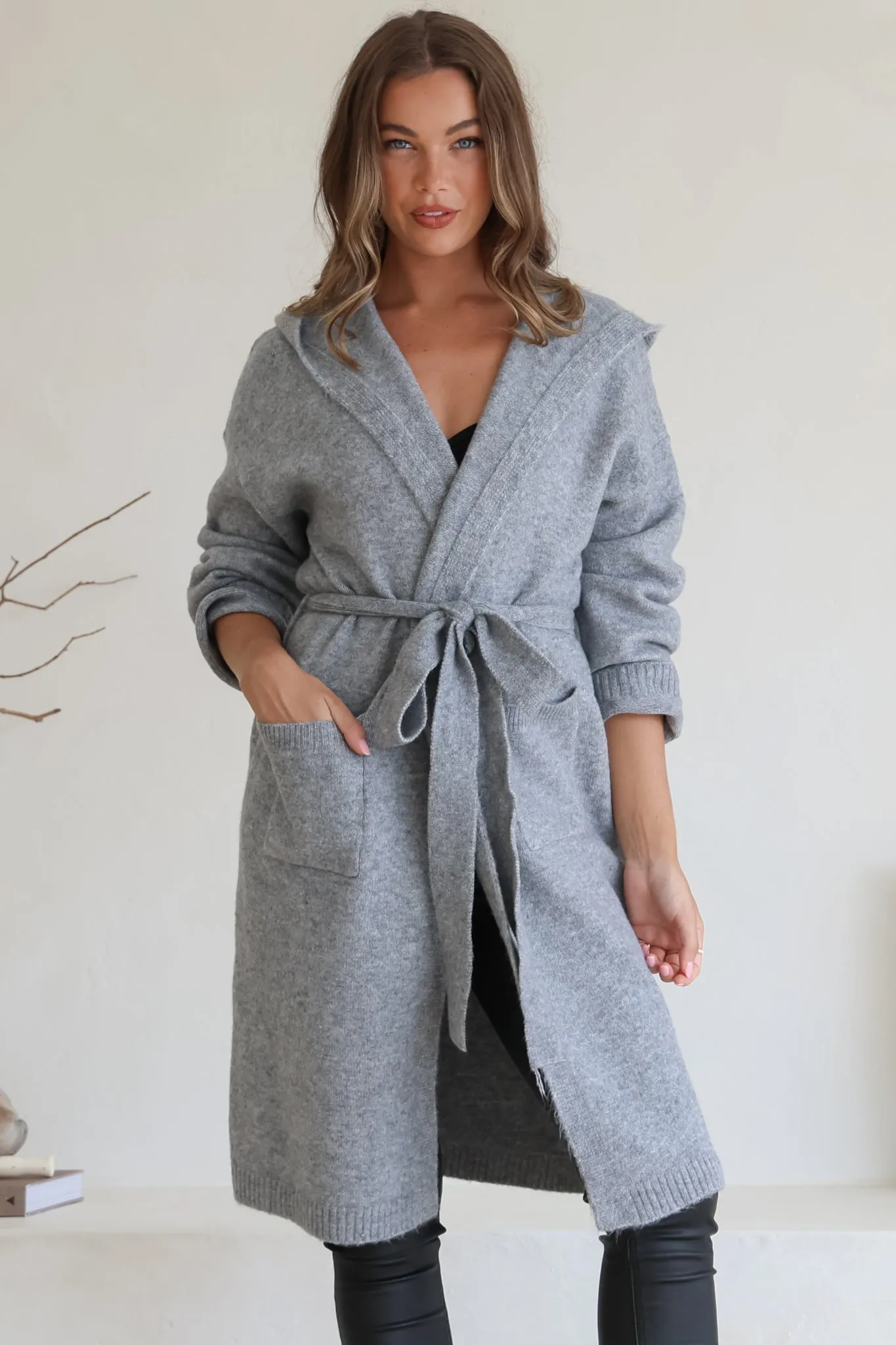 Windsor Cardigan - Hooded Open Front Coatigan with Waist Tie in Grey sold by Salty Crush product image thumbnail 2