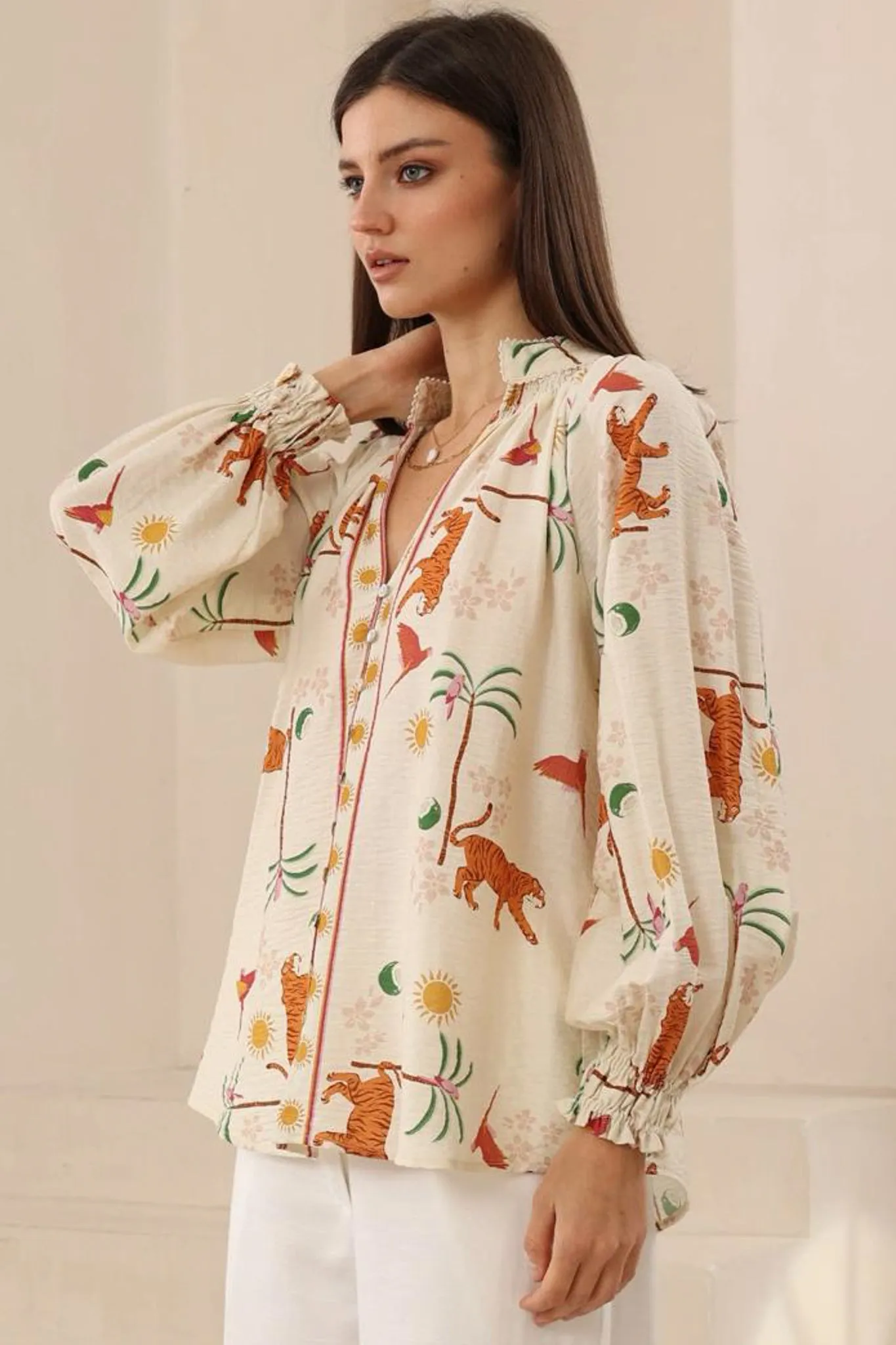 Nora Blouse - High Mandarin Collar Button Down Shirt in Zahra Print sold by Salty Crush product image thumbnail 5