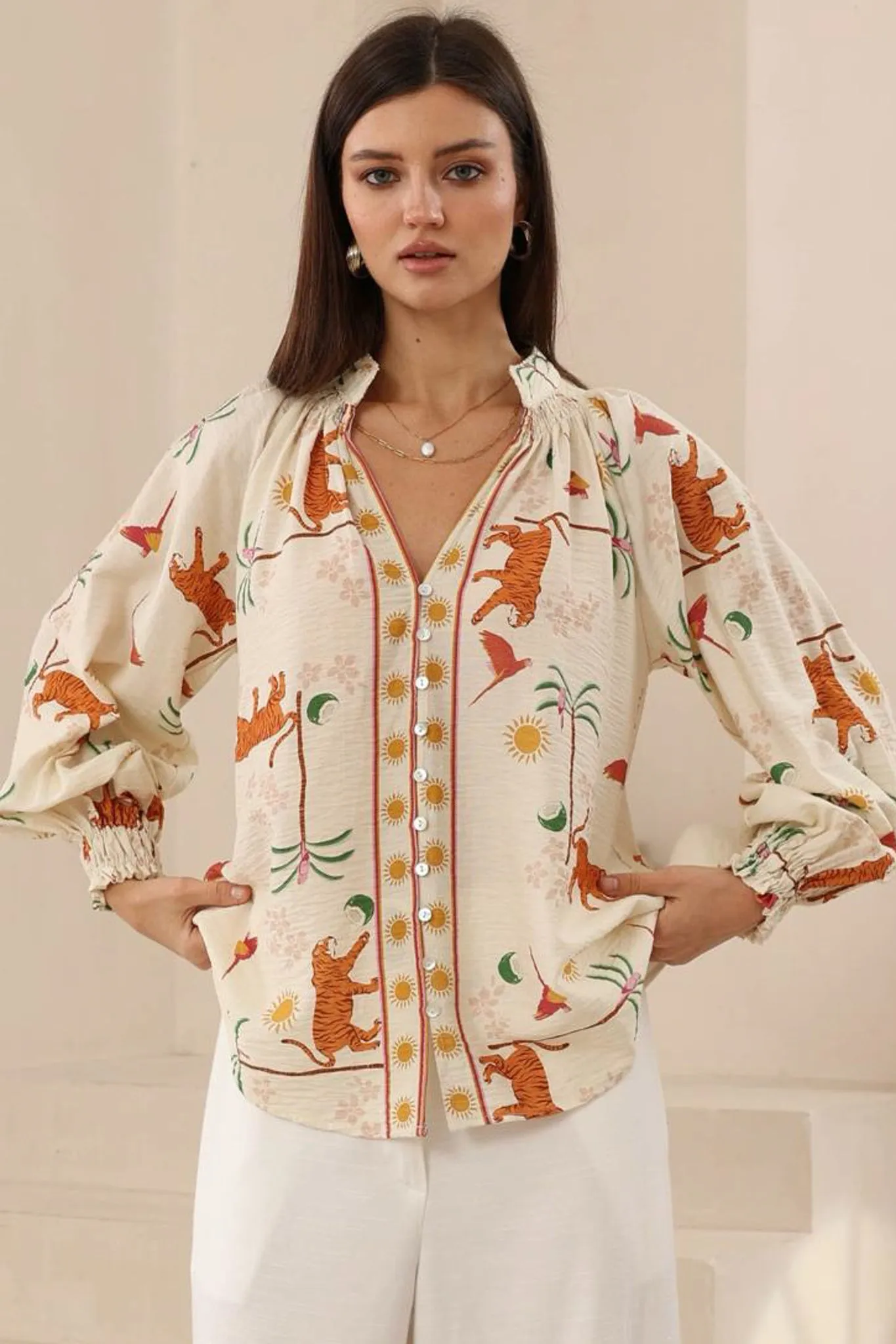 Nora Blouse - High Mandarin Collar Button Down Shirt in Zahra Print sold by Salty Crush