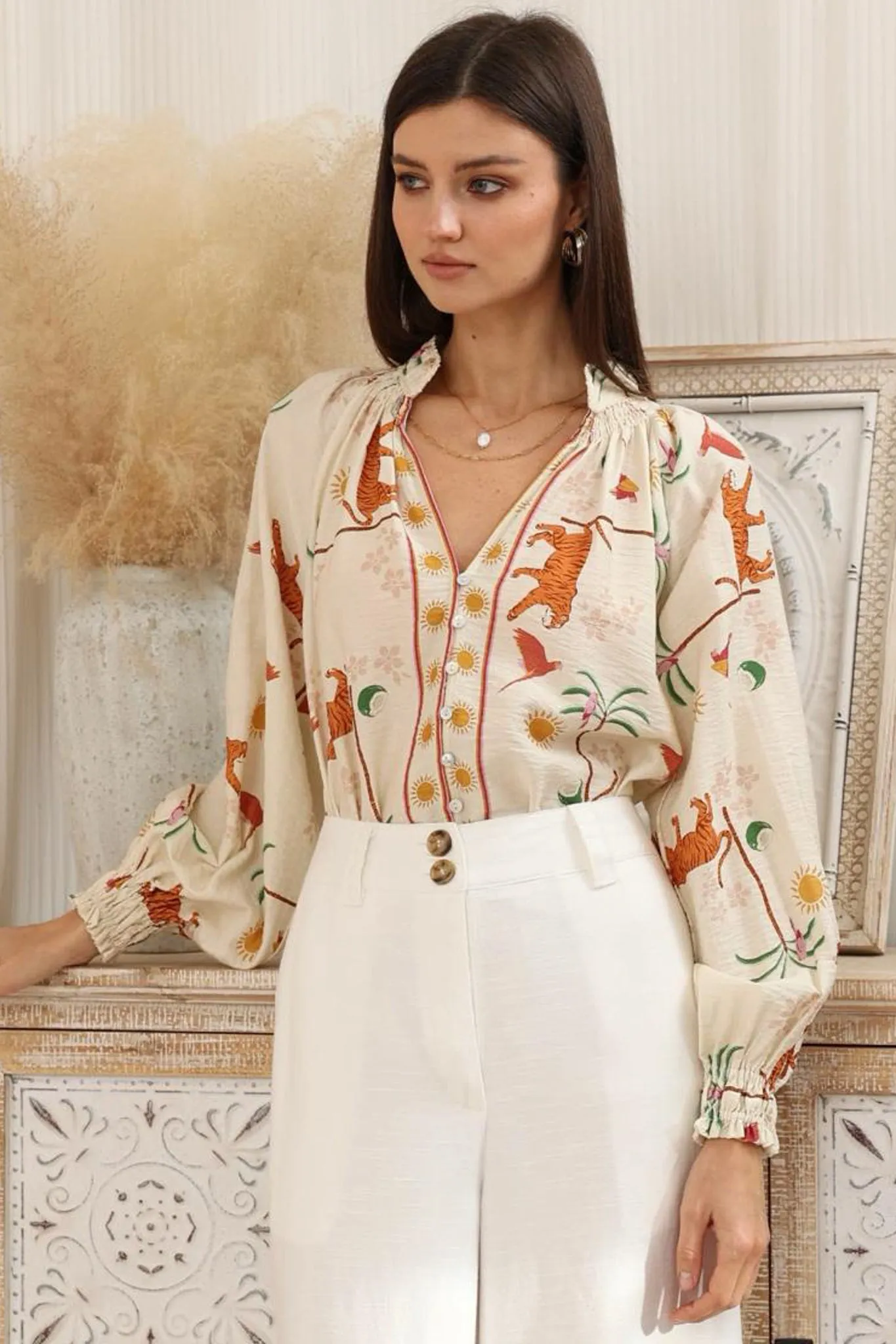 Nora Blouse - High Mandarin Collar Button Down Shirt in Zahra Print sold by Salty Crush product image thumbnail 2