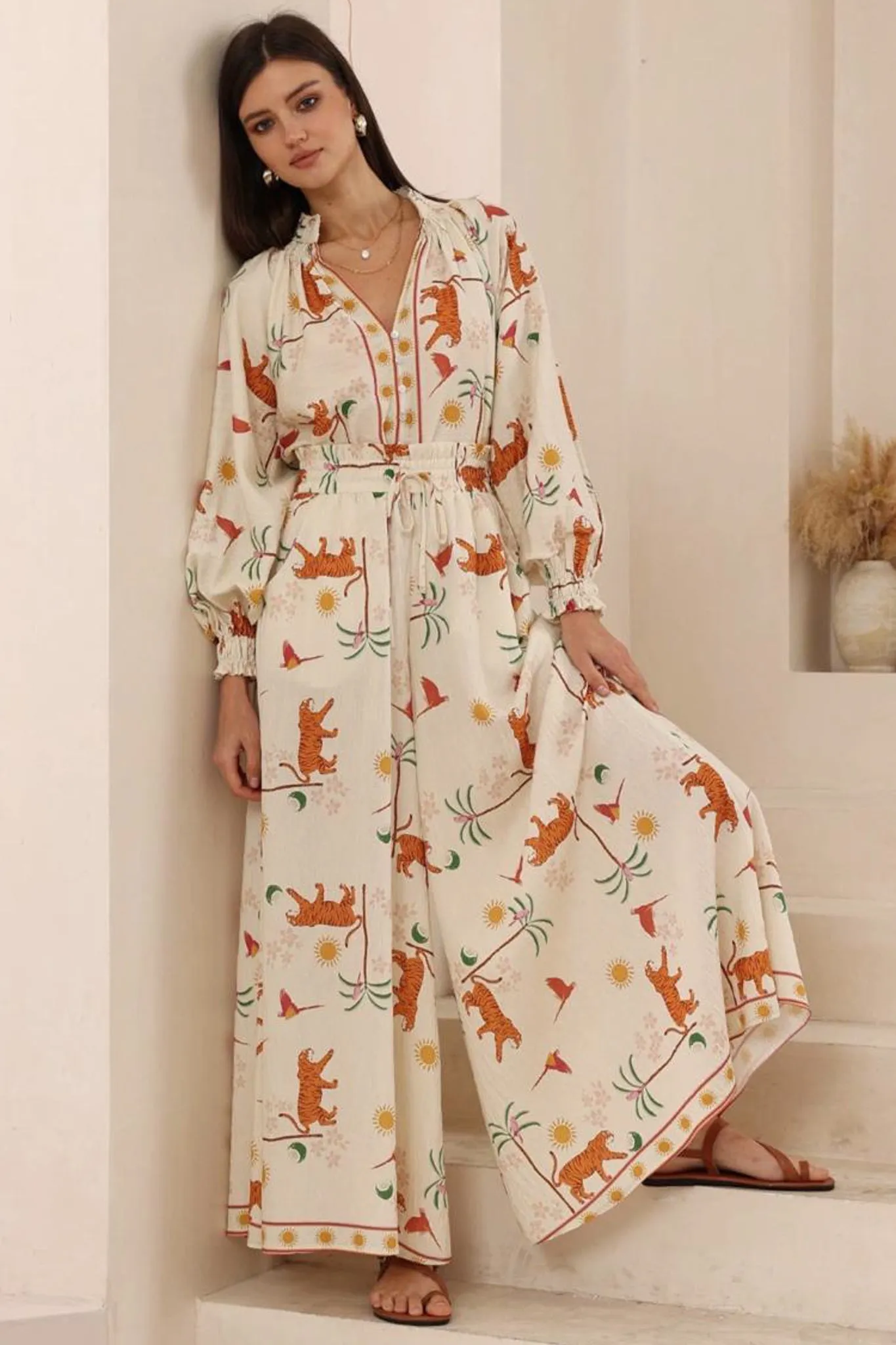 Nora Blouse - High Mandarin Collar Button Down Shirt in Zahra Print sold by Salty Crush product image thumbnail 3