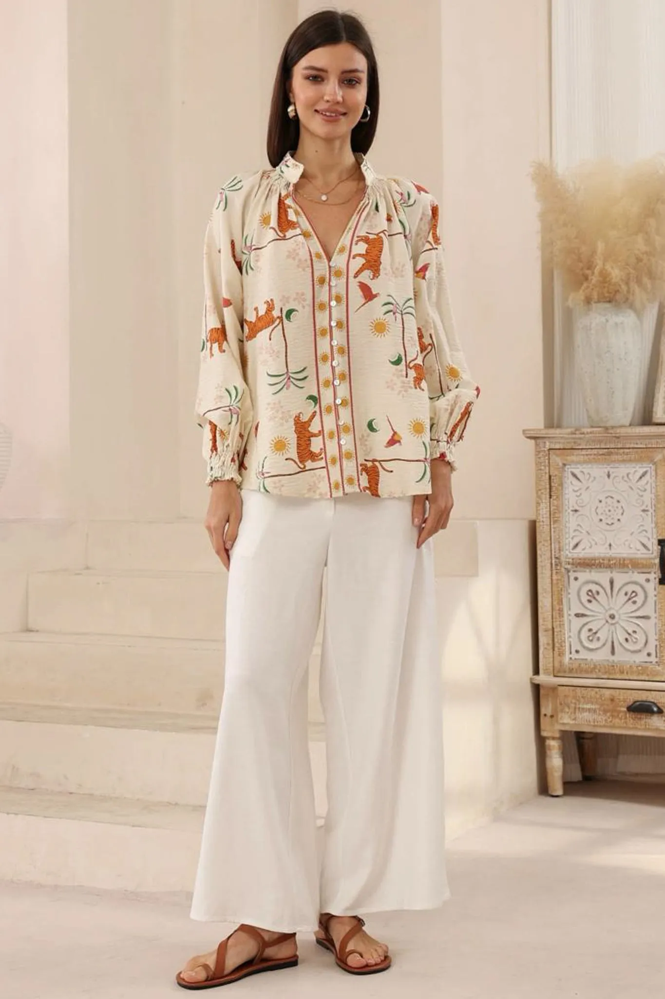 Nora Blouse - High Mandarin Collar Button Down Shirt in Zahra Print sold by Salty Crush product image thumbnail 4