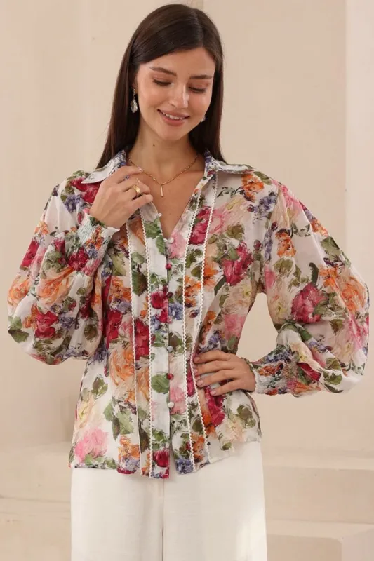 Aralyn Blouse - Balloon Sleeve Button Down Shirt in Daphne Print sold by Salty Crush