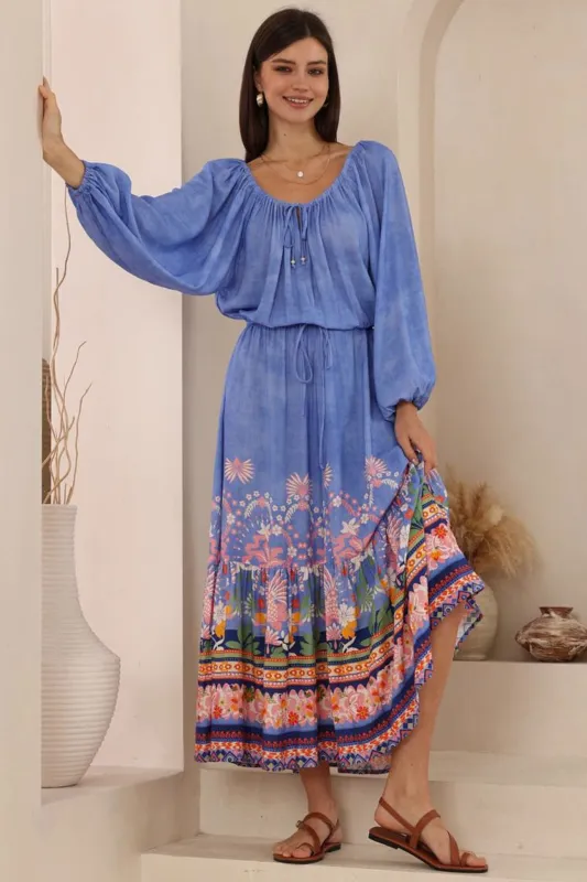 Sadie Maxi Dress - Scoop Pull Tie Neckline and Waist A Line Dress in Clara Print sold by Salty Crush