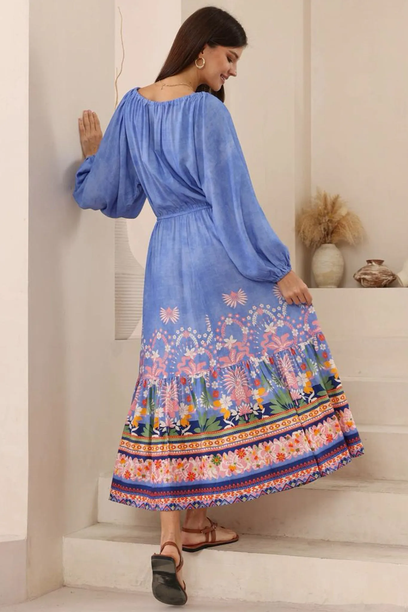 Sadie Maxi Dress - Scoop Pull Tie Neckline and Waist A Line Dress in Clara Print sold by Salty Crush product image thumbnail 4