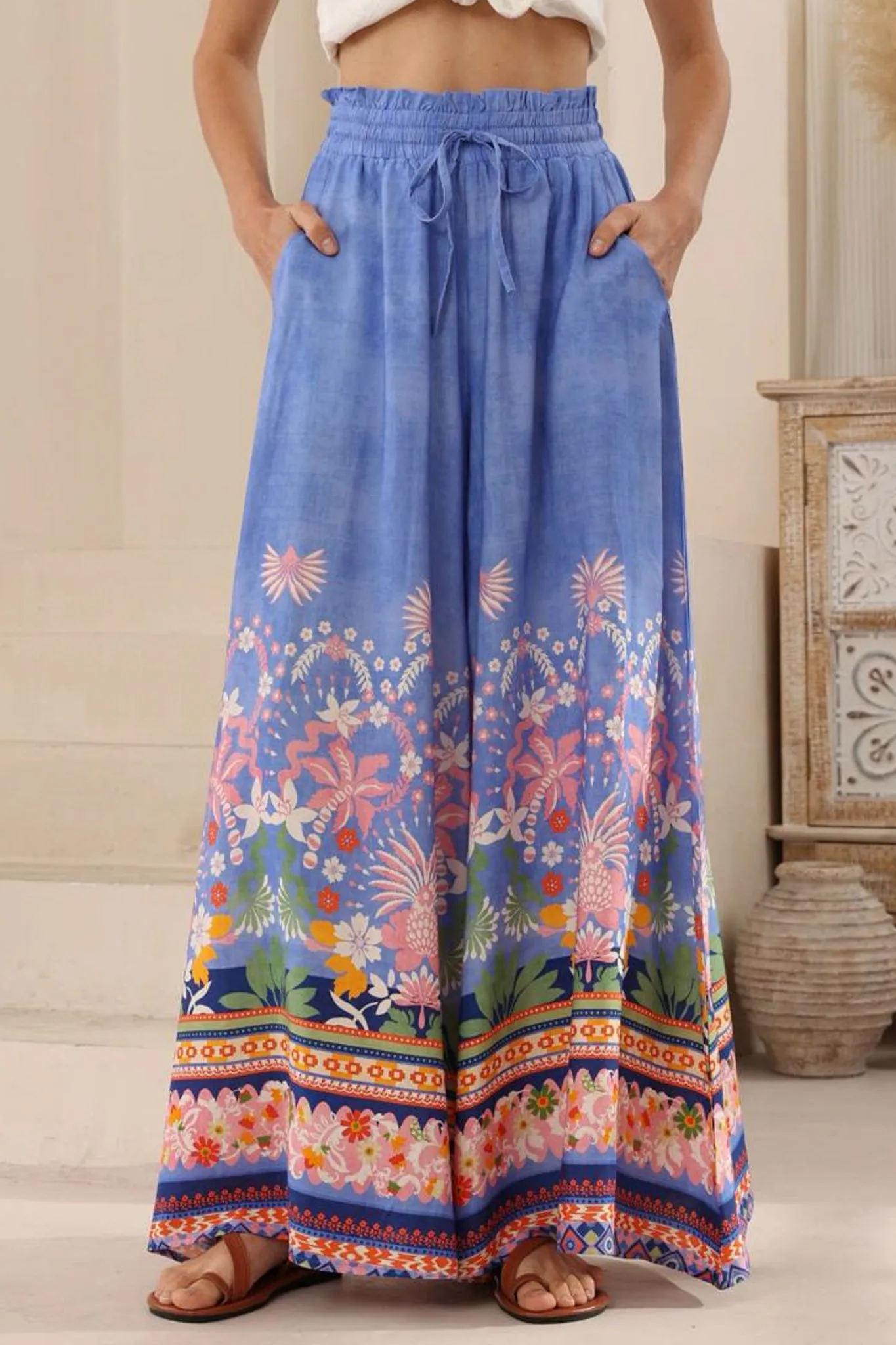 Charli Pants -  Paper Bag High Waisted Wide Leg Pants in Clara Print sold by Salty Crush product image thumbnail 3