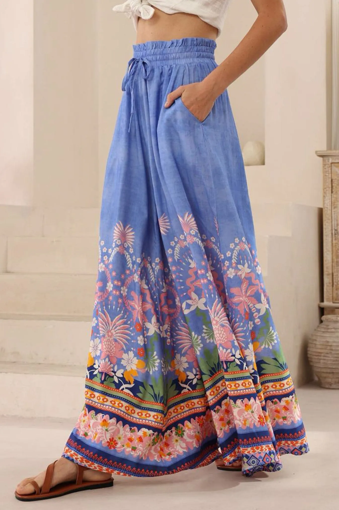 Charli Pants -  Paper Bag High Waisted Wide Leg Pants in Clara Print sold by Salty Crush product image thumbnail 4