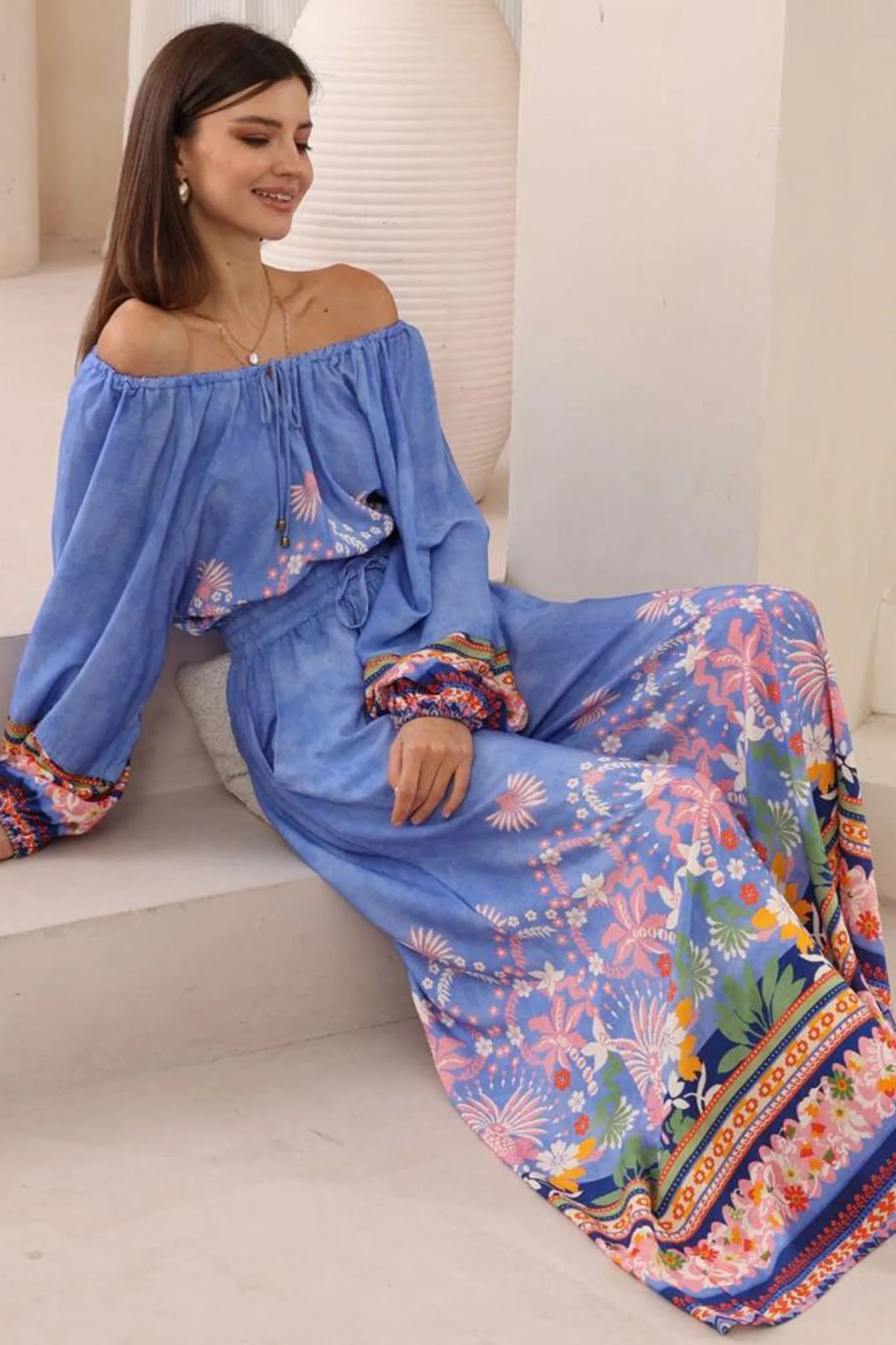 Charli Pants -  Paper Bag High Waisted Wide Leg Pants in Clara Print sold by Salty Crush product image thumbnail 2