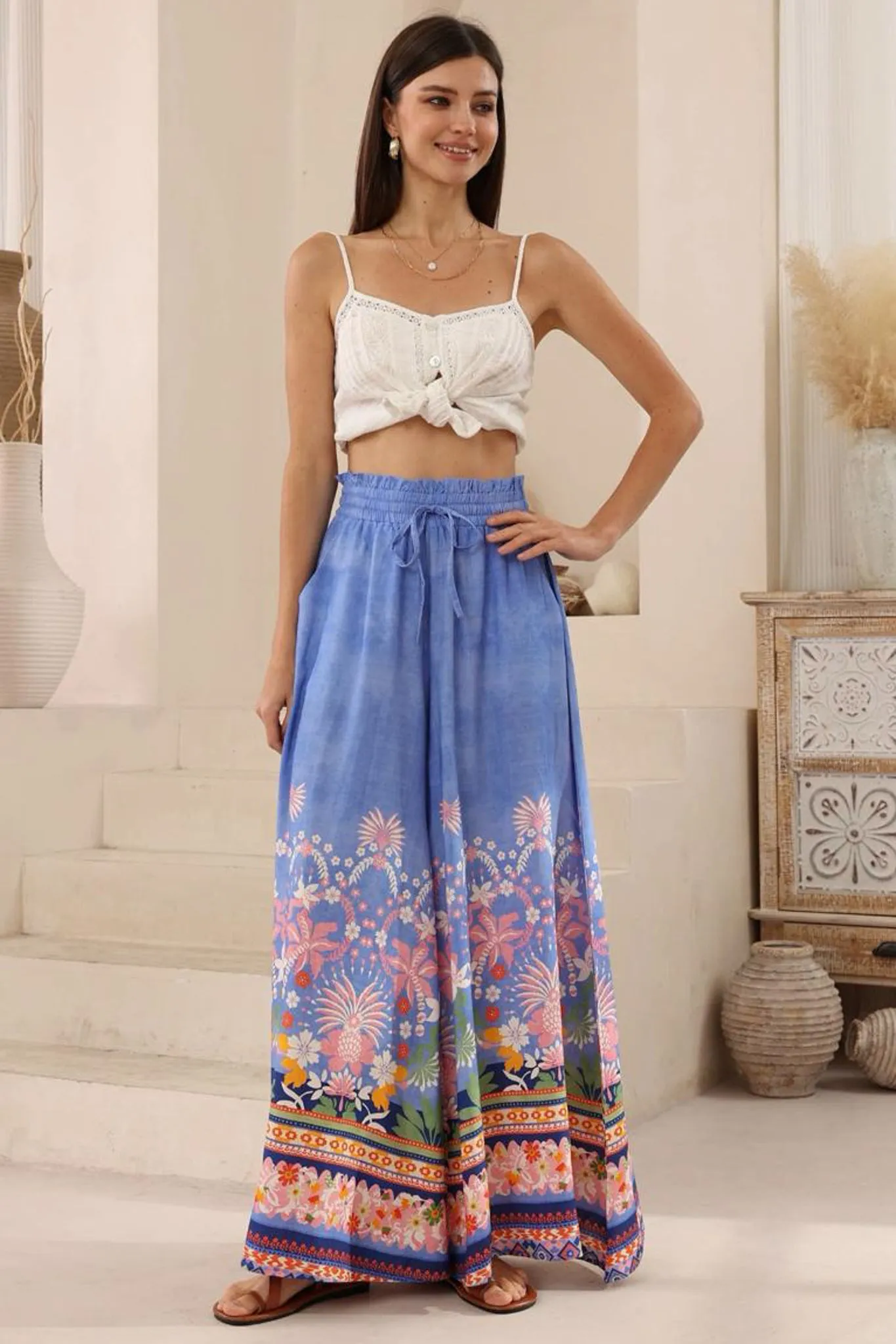 Charli Pants -  Paper Bag High Waisted Wide Leg Pants in Clara Print sold by Salty Crush