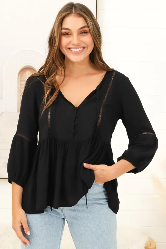 Dido Top - 3/4 Sleeve Smock Top with Lattice Inserts in Black sold by Salty Crush