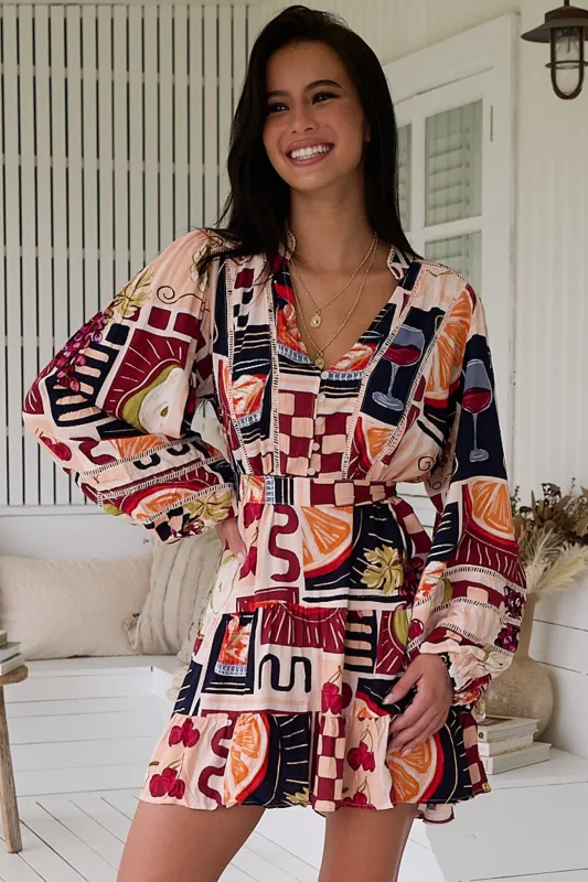 Jayde Mini Dress - Lattice Detailed A Line Dress with Tiered Skirt in Barossa Print sold by Salty Crush