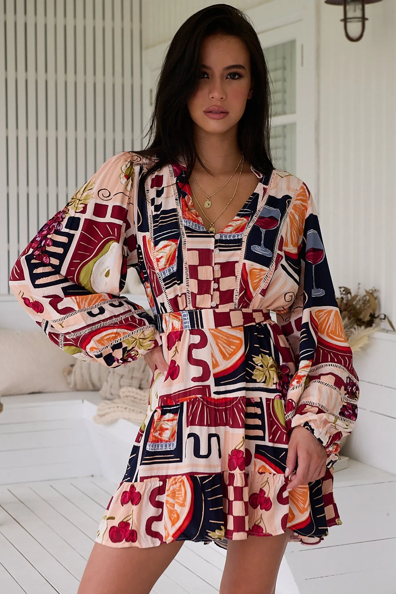 Jayde Mini Dress - Lattice Detailed A Line Dress with Tiered Skirt in Barossa Print sold by Salty Crush product image thumbnail 5