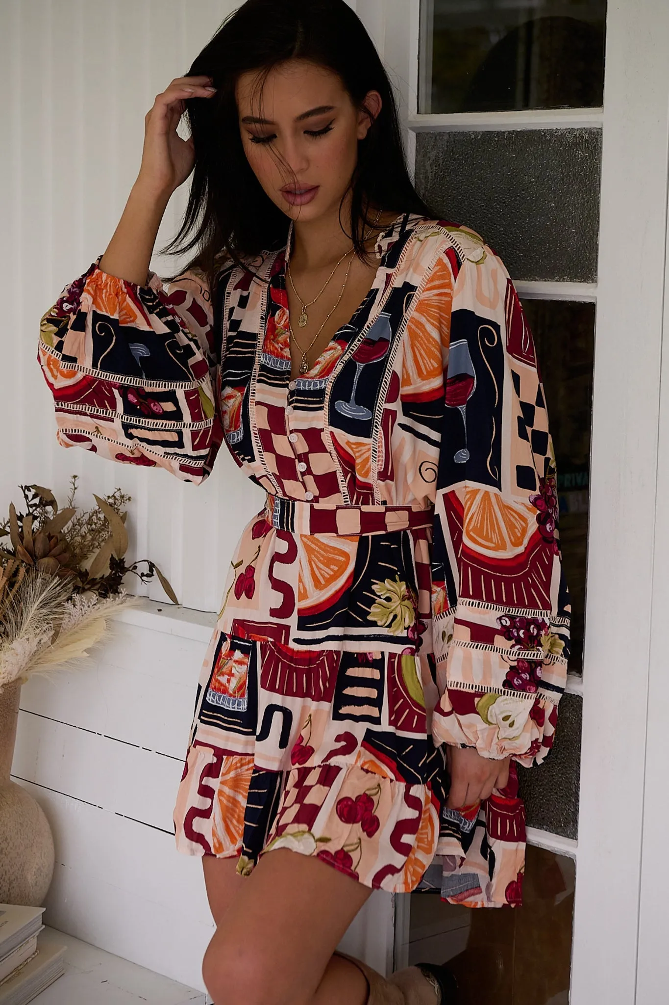 Jayde Mini Dress - Lattice Detailed A Line Dress with Tiered Skirt in Barossa Print sold by Salty Crush product image thumbnail 2