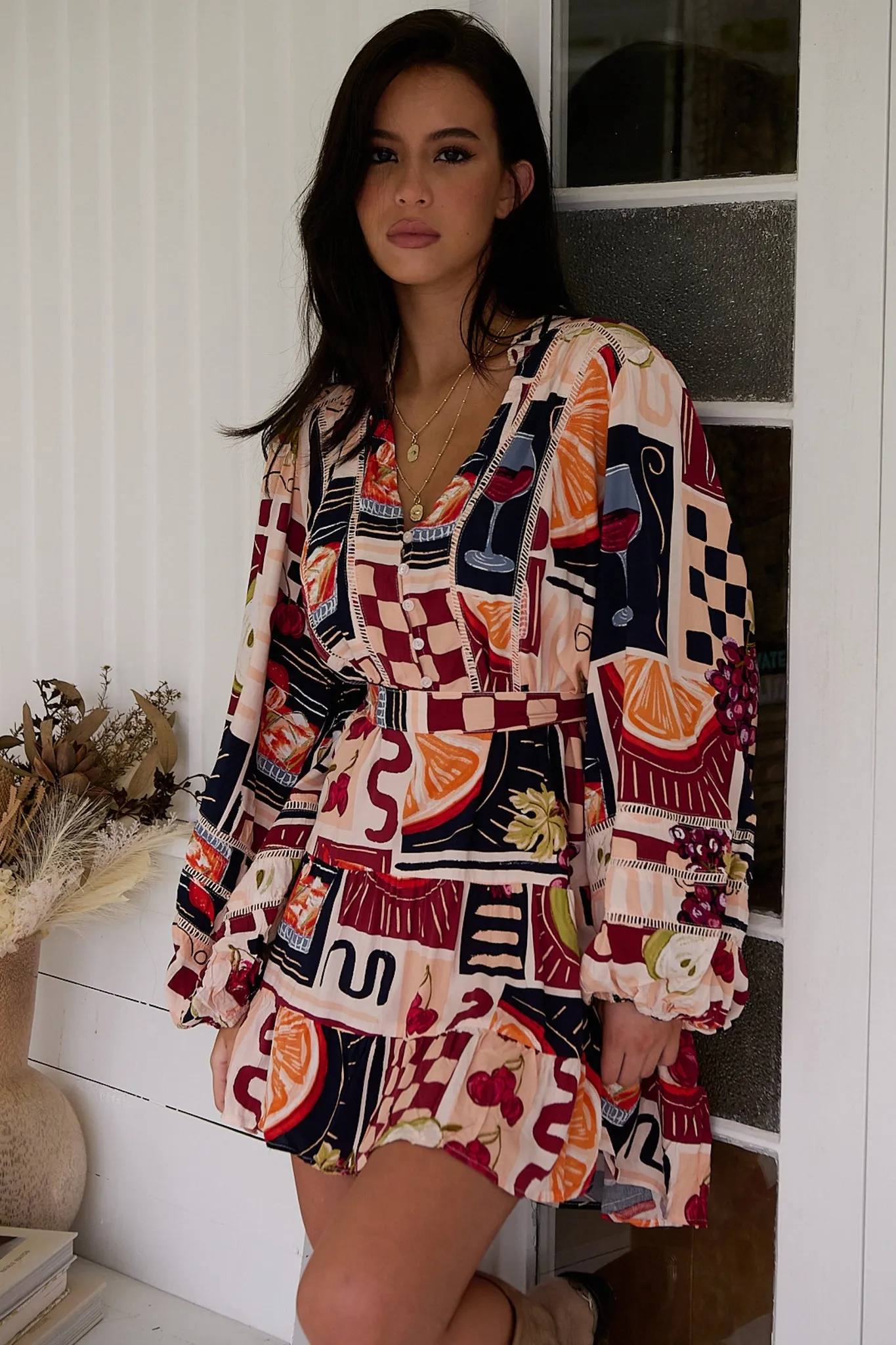 Jayde Mini Dress - Lattice Detailed A Line Dress with Tiered Skirt in Barossa Print sold by Salty Crush product image thumbnail 4