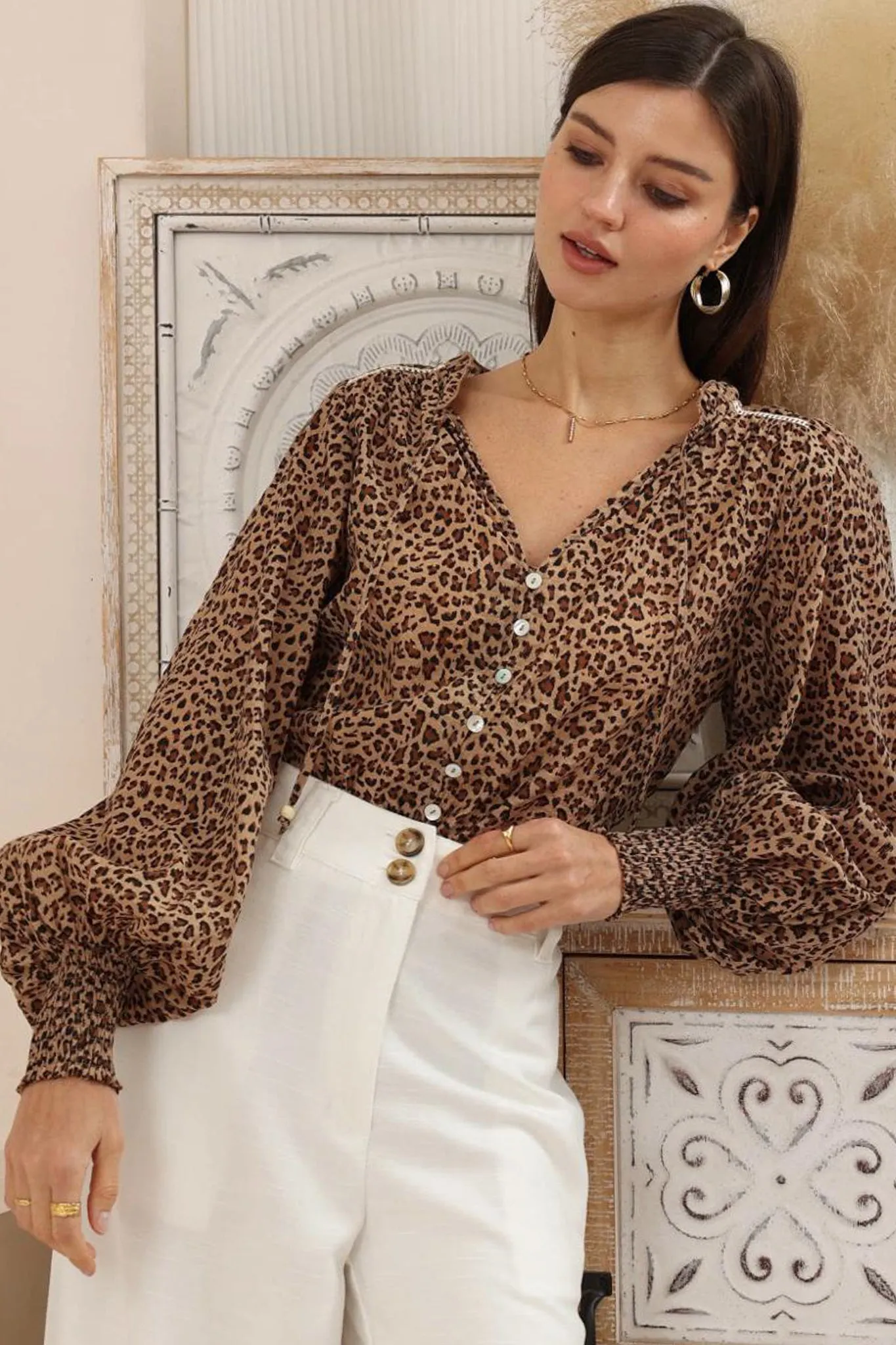 Violet Blouse - Frill Collar Button Down Balloon Sleeve Blouse In Wyatt Print sold by Salty Crush product image thumbnail 3