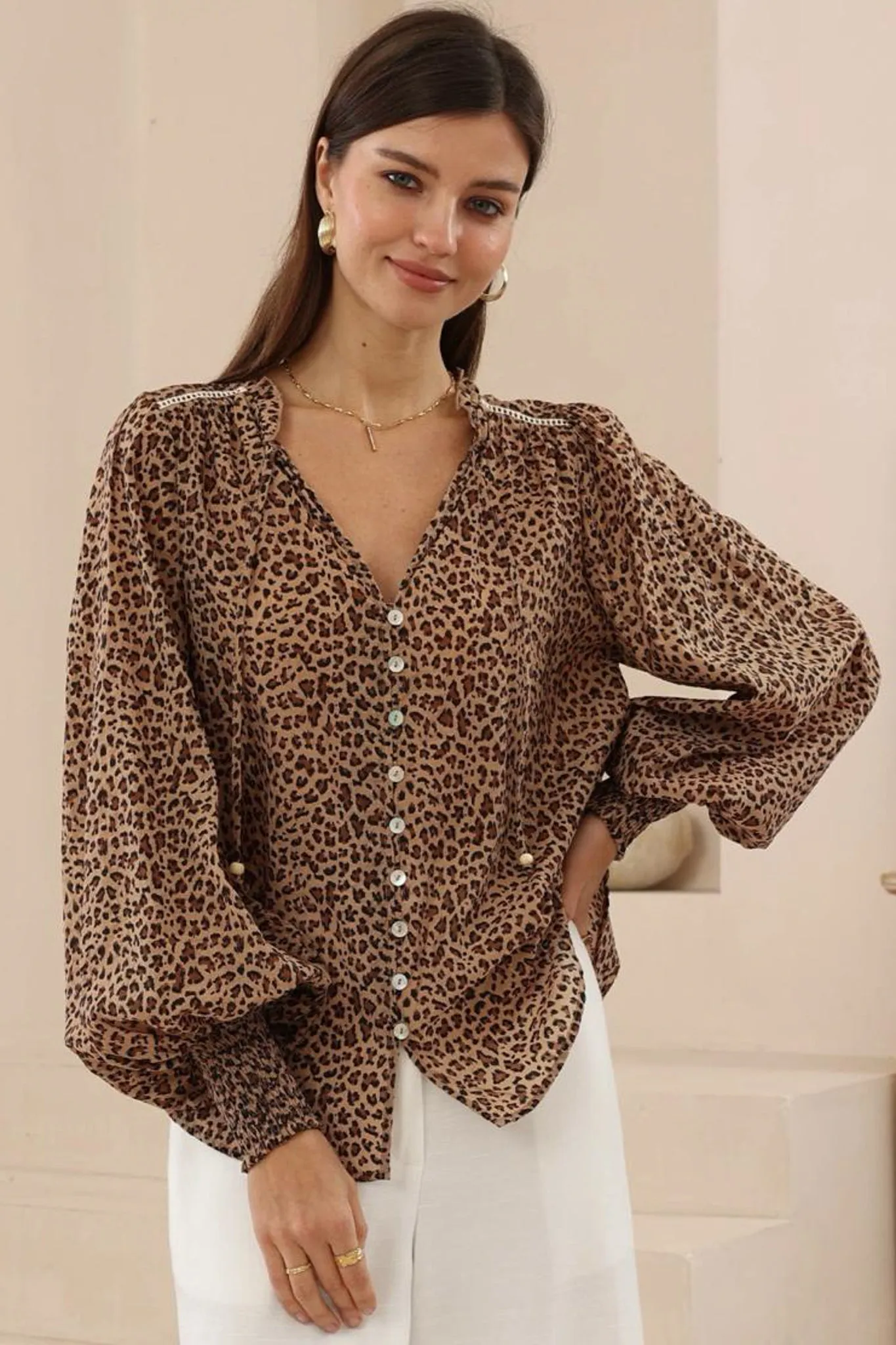 Violet Blouse - Frill Collar Button Down Balloon Sleeve Blouse In Wyatt Print sold by Salty Crush