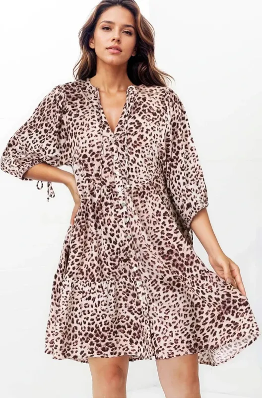 Leila Mini Dress - Mandarin Collar Balloon Sleeve with Tie Detail Smock Dress in Tatum Print sold by Salty Crush