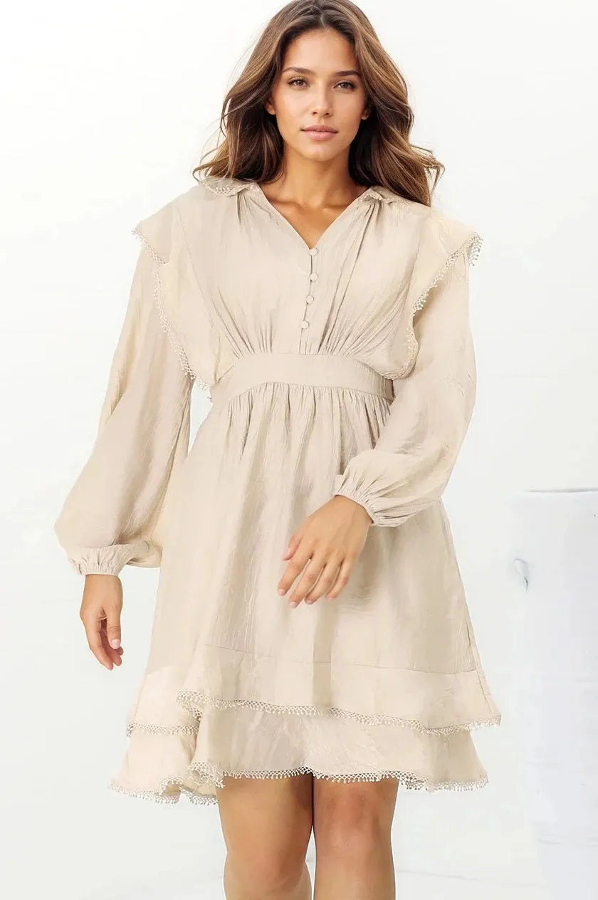 Ophilia Mini Dress - Frill Detailed A-Line Dress with Balloon Sleeves in Beige sold by Salty Crush product image thumbnail 2
