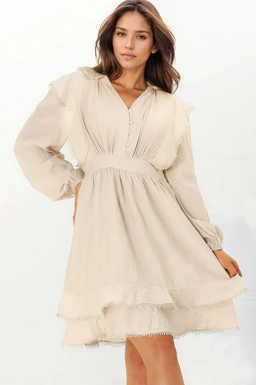 Ophilia Mini Dress - Frill Detailed A-Line Dress with Balloon Sleeves in Beige sold by Salty Crush