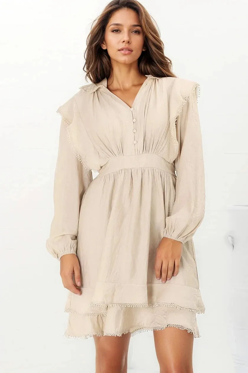 Ophilia Mini Dress - Frill Detailed A-Line Dress with Balloon Sleeves in Beige sold by Salty Crush product image thumbnail 5