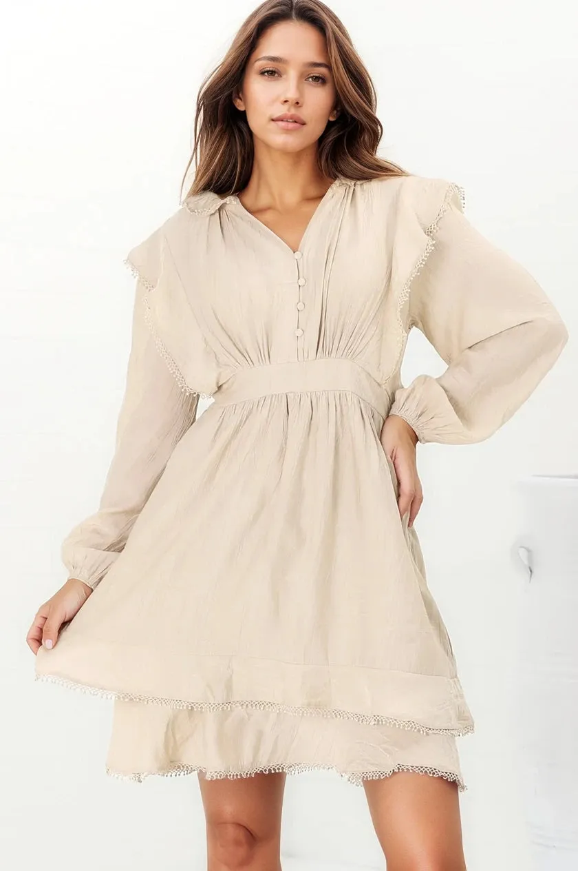 Ophilia Mini Dress - Frill Detailed A-Line Dress with Balloon Sleeves in Beige sold by Salty Crush product image thumbnail 4