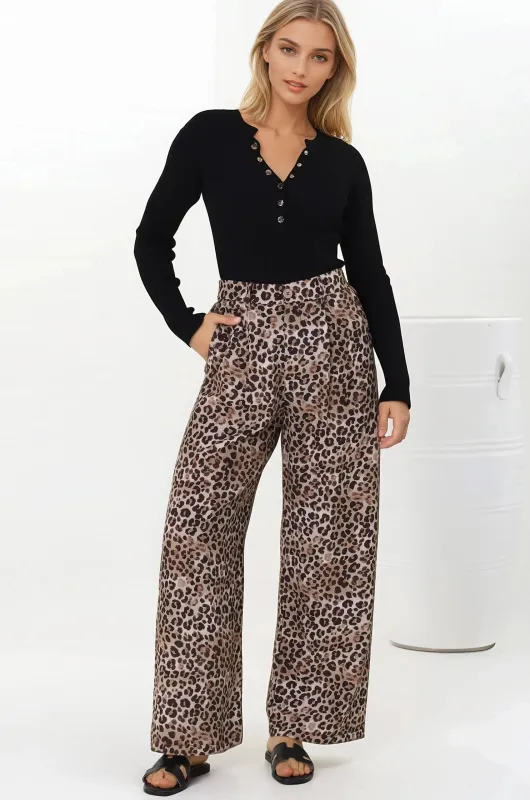 Sebastian Pants - High Waisted Straight Leg Pants in Leopard Print sold by Salty Crush