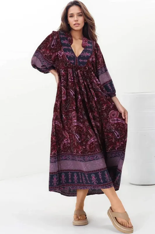 Boheme Midi Dress - Piping Defined Bust Slimline Smock Dress In Sadie Print sold by Salty Crush